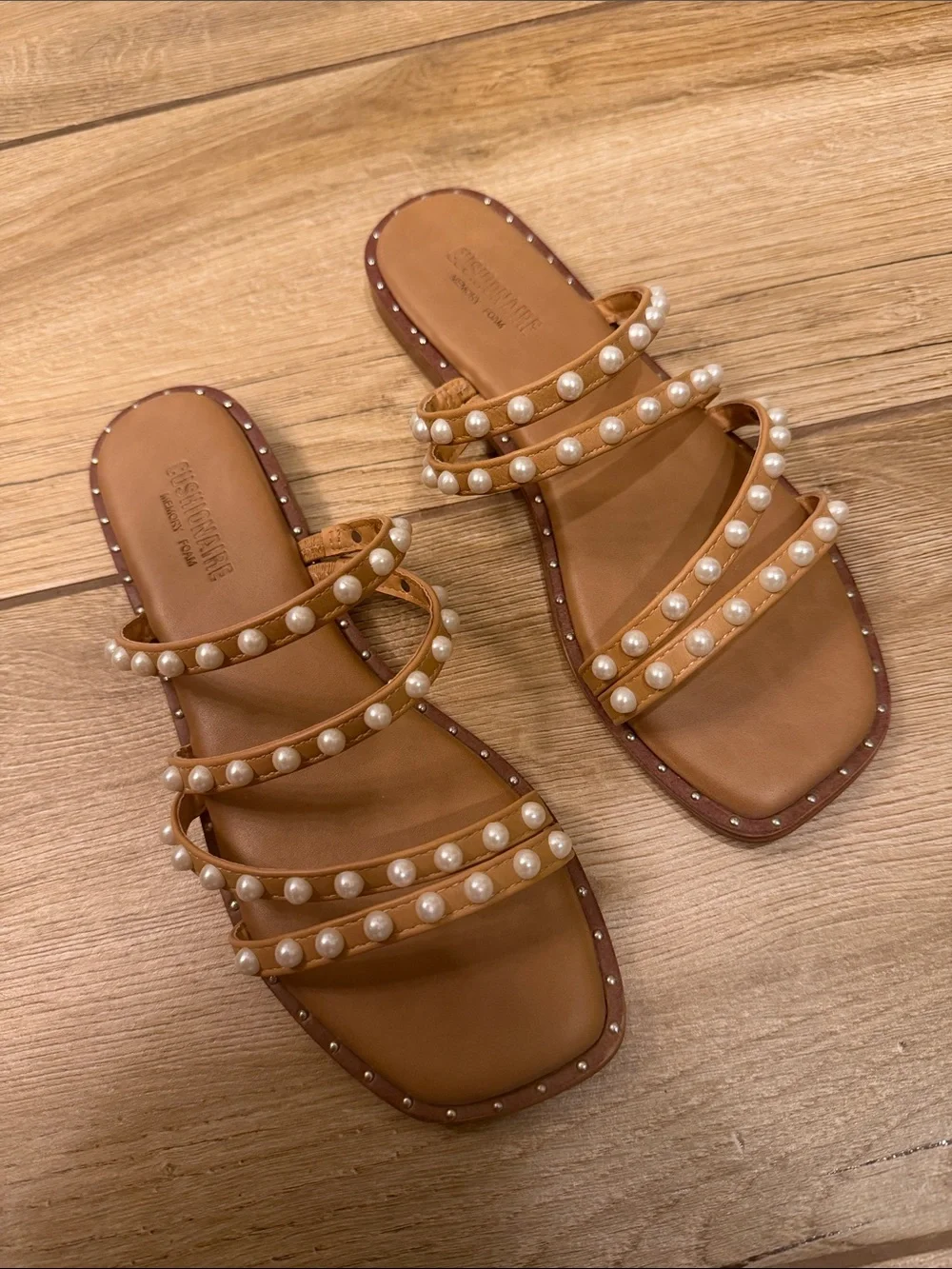 Pearl-Embellished Tan Slide Sandals - Women